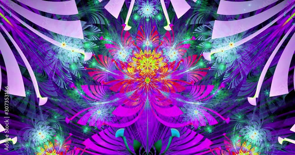 Rapid brightly colored changing loop able abstract fractal video with large central flower and decorative stars and space flowers around in glowing colors, 4k, 4096p, 25fps