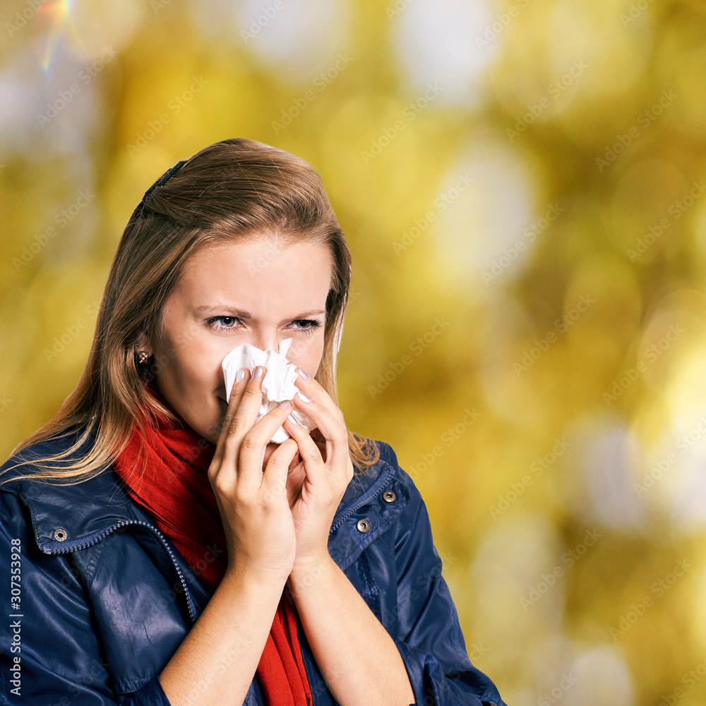 Allergy young woman with couch. Infection sad female hod handkerchief Allergy young woman with couch. Infection sad female hod handkerchief