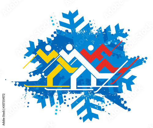    Cross Country Ski Racers, nordic skiing, grunge stylized.  A expressive stylized drawing of cross country ski competitors. Isolated on white background. Vector available.