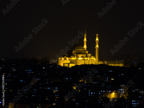 View of the Fatih Mosque by night. In Istanbul, Turkey