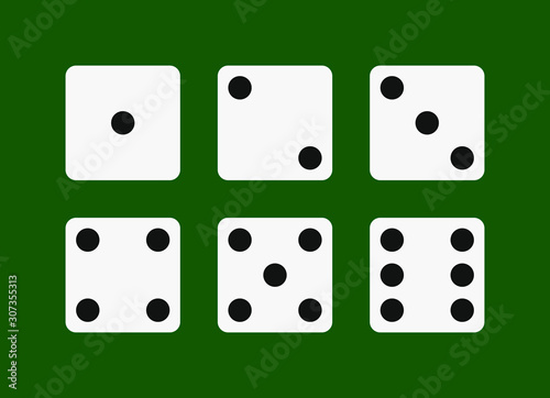 Dice graphic icons set. Six different side of cube with numbers from 1 to 6. Dice signs Isolated on green background. Vector illustration