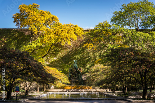 Autumn colours in the South Garden with a water fountain, South Michigan Ave, Chicago, Illinois, USA