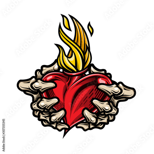 Sacred heart in skeleton hands. Sticker set design in modern pop-art style. Handcrafted vector illustration of sacred heart in skeleton hands in engraving technique.