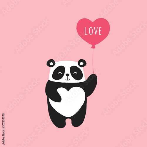 Cute panda, heart balloon, valentines day. Print for t-shirts, cards, banners, valentines. Isolated vector illustration on a pink background for children.
