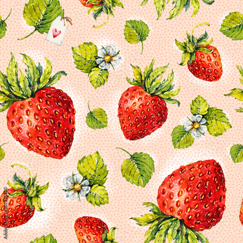 Strawberry. Berries. Watercolor botanical hand drawn illustration. Seamless pattern