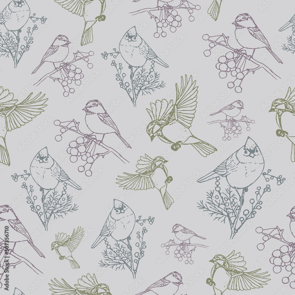 Vector repeat pattern with colorful birds on grey background. Vintage hand-drawn style. One of 