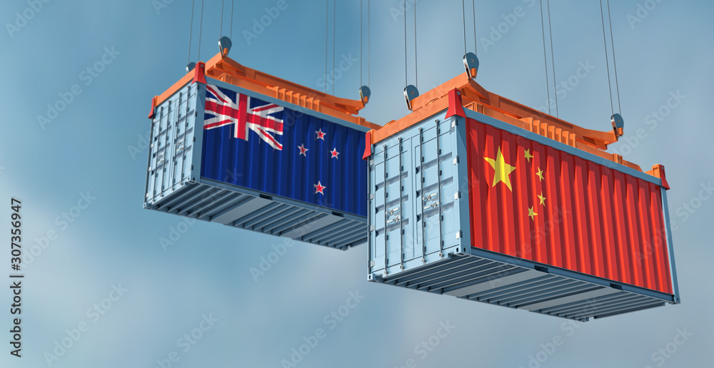 Two freight container with China and New Zealand flag. 3D Rendering