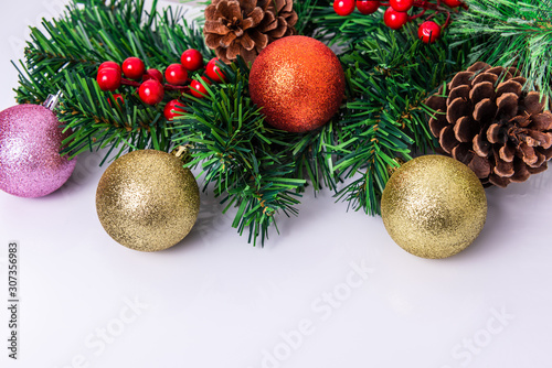 Beautiful Christmas Decorations border on white background. Copy space for text