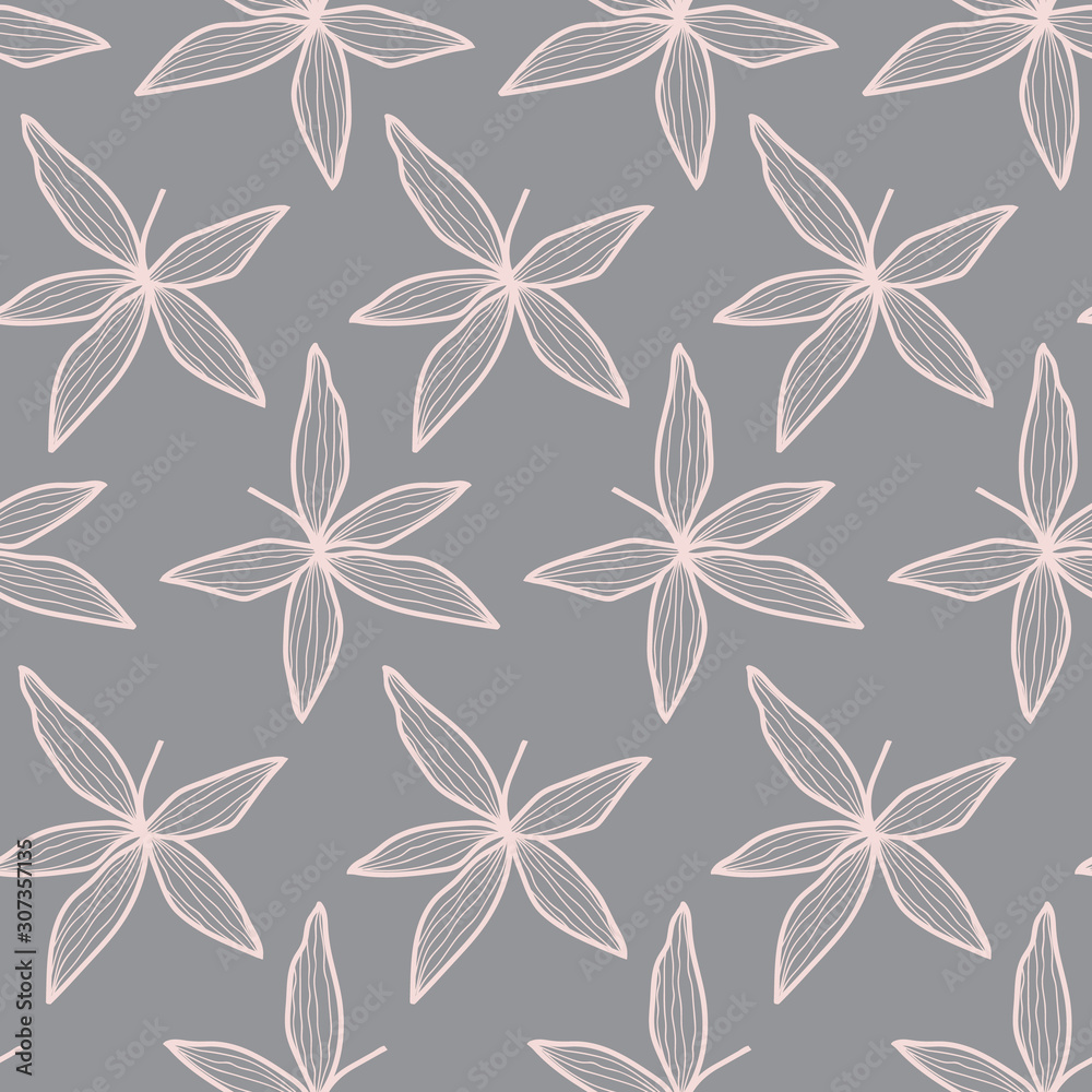 Regular vector repeat pattern with pink leaves on grey background. Regular vector repeat pattern with pink leaves on grey background.
