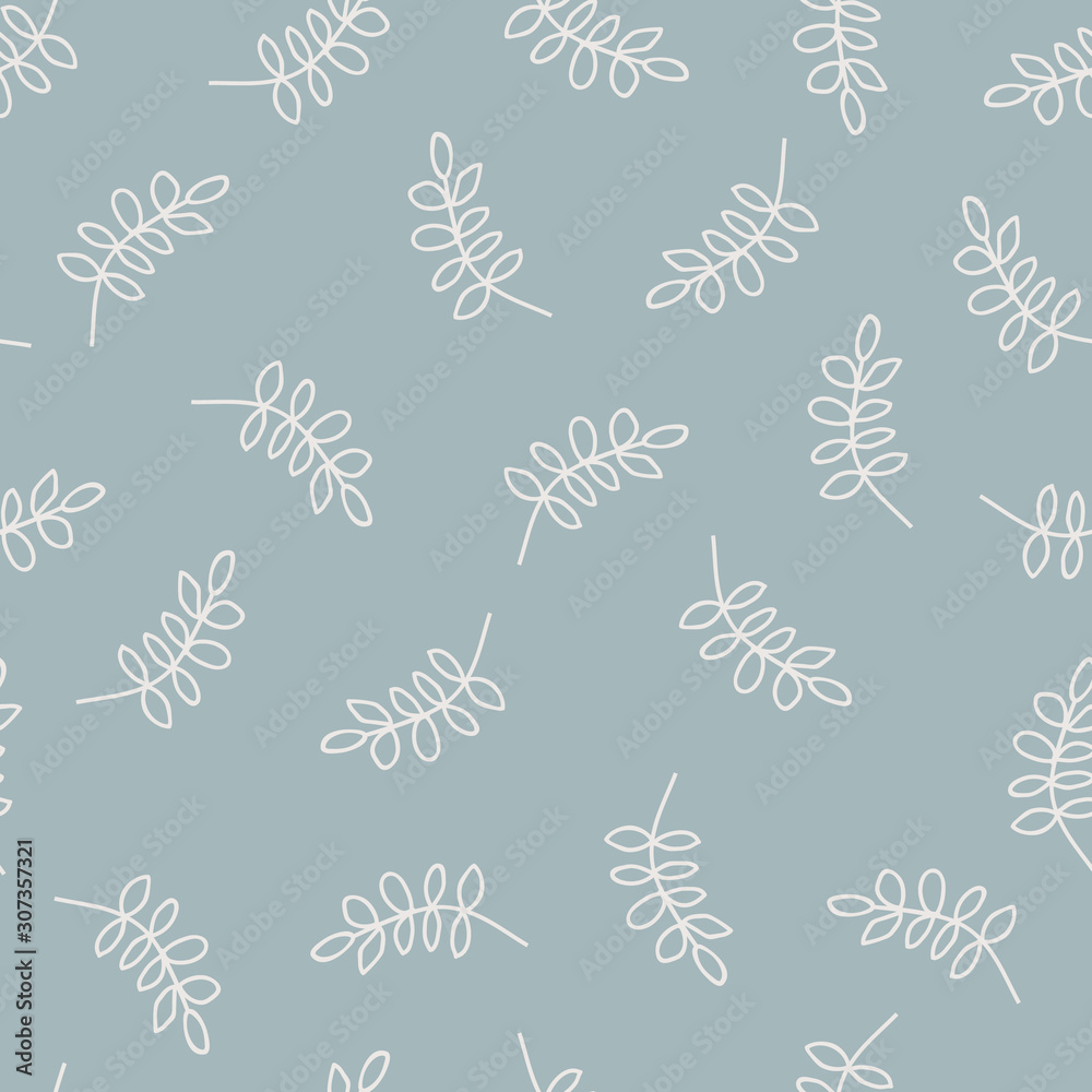 Floral vector repeat pattern with white branches on green background. Hand-drawn style, pastel colors. One of 