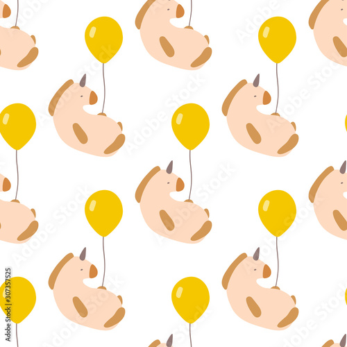 Unicorns with balloons seamless vector pattern. Yellow and pink delicate shades.