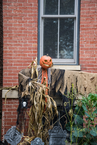 Halloween decoration in front of a family house, Wicker Park Historic District, a residential neighbourhood, Chicago, Illinois, USA photo