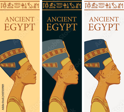 Set of vector banners with profile of Nefertiti and Egyptian hieroglyphs. Queen of ancient Egypt. Wife of Egyptian pharaoh. Advertising poster or flyer for travel agency with words Ancient Egypt