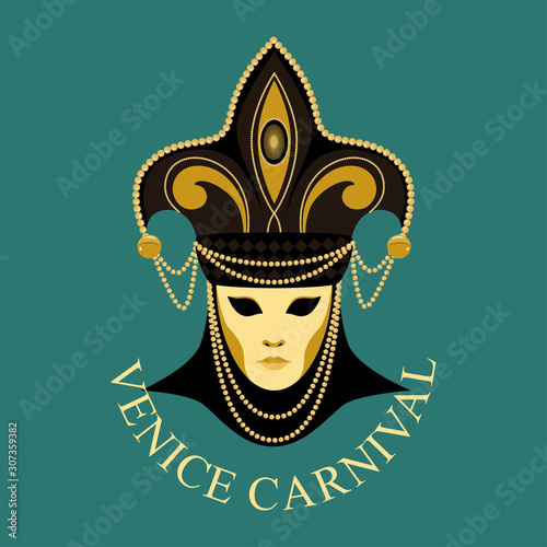 Vector image of a traditional golden venetian mask in a hat. The headpiece in the shape of a lily is decorated with gold design elements.