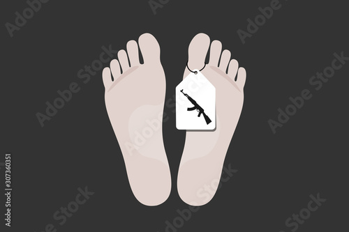 Dead deceased body of murdered and killed person aftre being shot down by rifle, machine gun and shooting weapoon. Vector illustration.