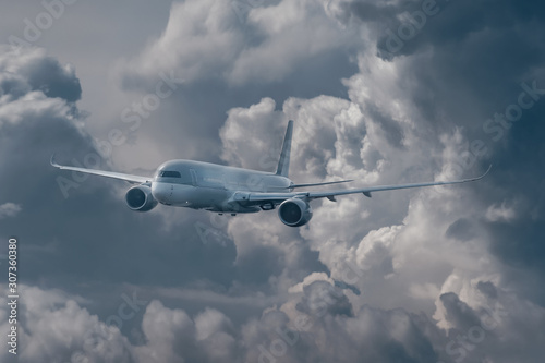 Airplane in storm sky