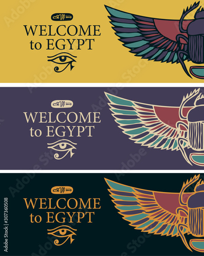 Set of vector banners with Egyptian scarab beetle and eye of Horus. The Ancient Egyptian God Khepri. Advertising posters or flyers for travel agency with words Welcome to Egypt