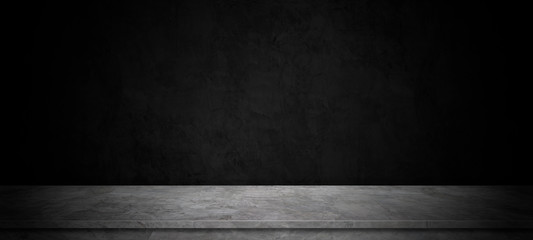The black room, perspective cement floor or concrete shelf table, used as a studio background wall to display your products.loft style