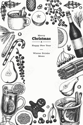 Winter drinks vector design template. Hand drawn engraved style mulled wine, hot chocolate, spices illustrations. Vintage christmas background.