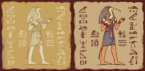 Set of vector banners in the form of ceramic tiles with God Thoth with hieroglyphs. The Ancient Egyptian god of Moon, Writing, Wisdom with head of Ibis. Advertising posters or flyers for travel Agency