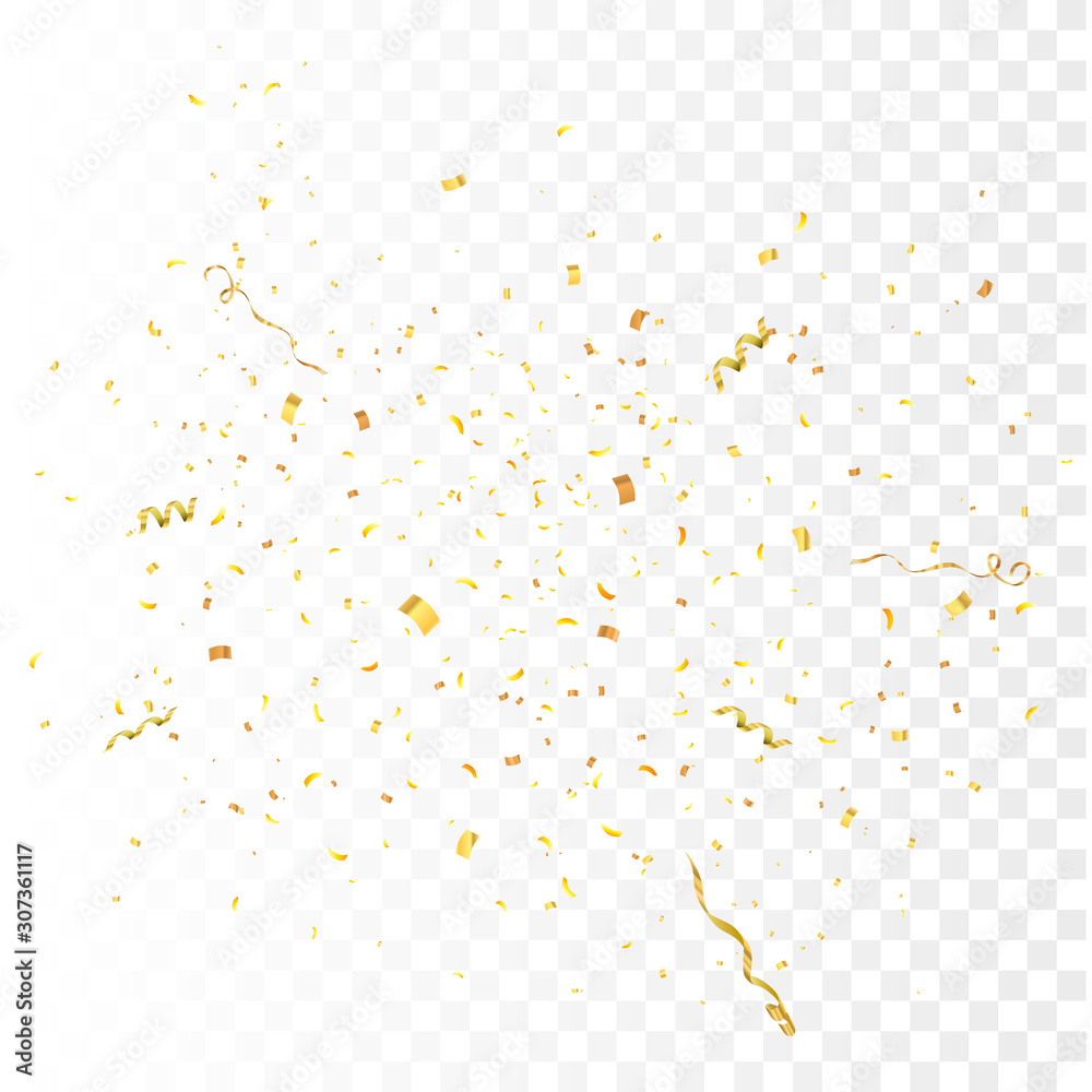 Confetti burst explosion isolated on white background. Gold flying ribbons, streamers and paper particles. Birthday party background. Festive vector illustration