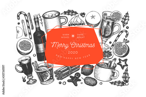 Winter drinks vector design template. Hand drawn engraved style mulled wine, hot chocolate, spices illustrations. Vintage christmas background.