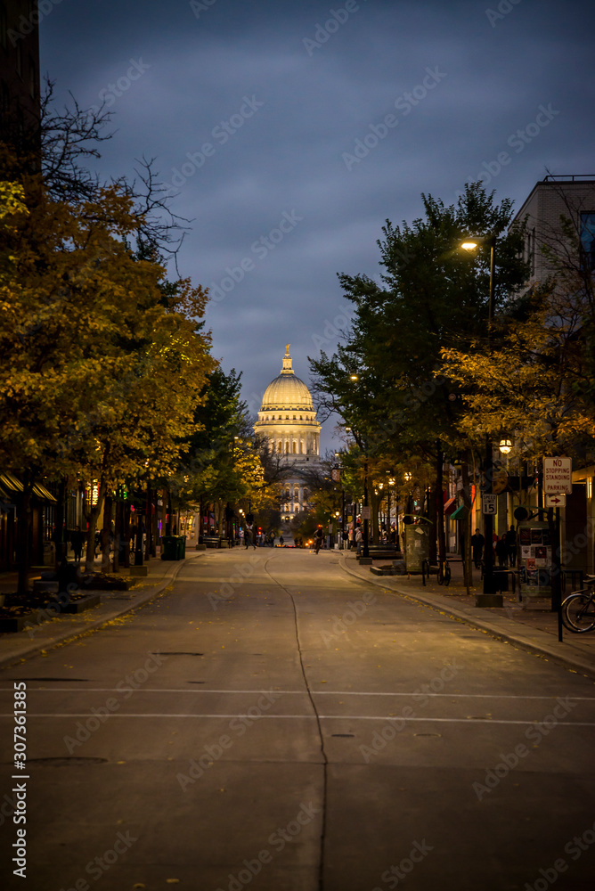 View of Wisconsin State Capitol from State Street in downtown, Madison, Wisconsin, USA