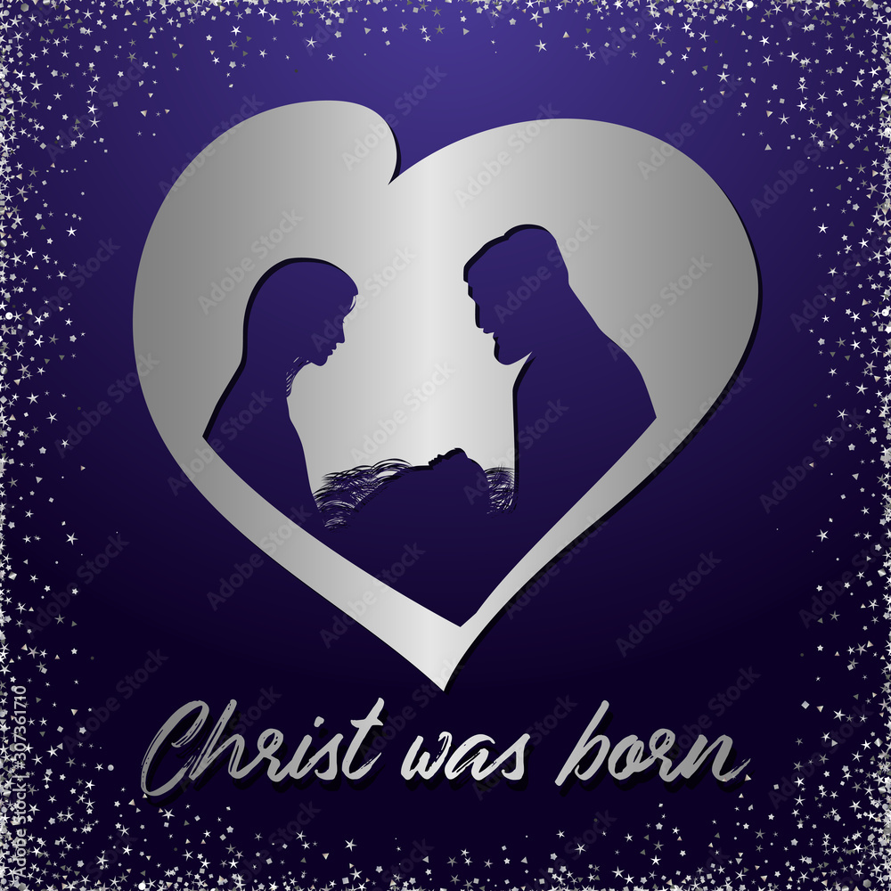 Christmas scene of baby Jesus in the manger with Mary and Joseph in heart. Christian Nativity with lettering brushing text Christ was born. Square banner. Isolated abstract graphic design template. Christmas scene of baby Jesus in the manger with Mary and Joseph in heart. Christian Nativity with lettering brushing text Christ was born. Square banner. Isolated abstract graphic design template.