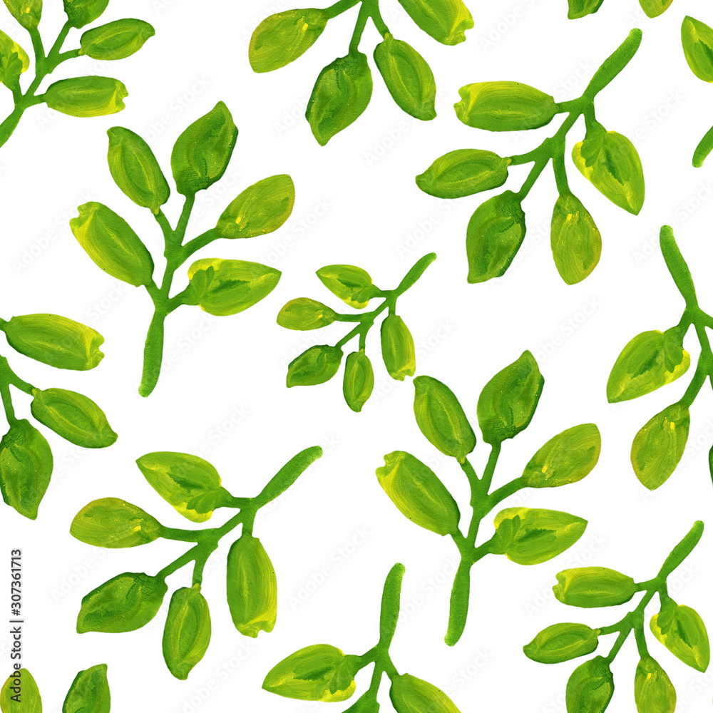 summer green leaves branch gouache drawing seamless pattern