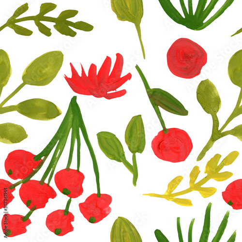 red berries green leaves seamless pattern