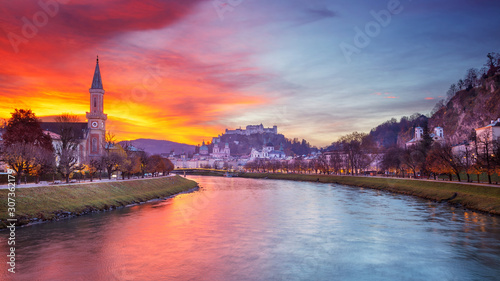 Salzburg  Austria. Panoramic cityscape image of the Salzburg  Austria with Salzburg Cathedral during beautiful autumn sunrise.
