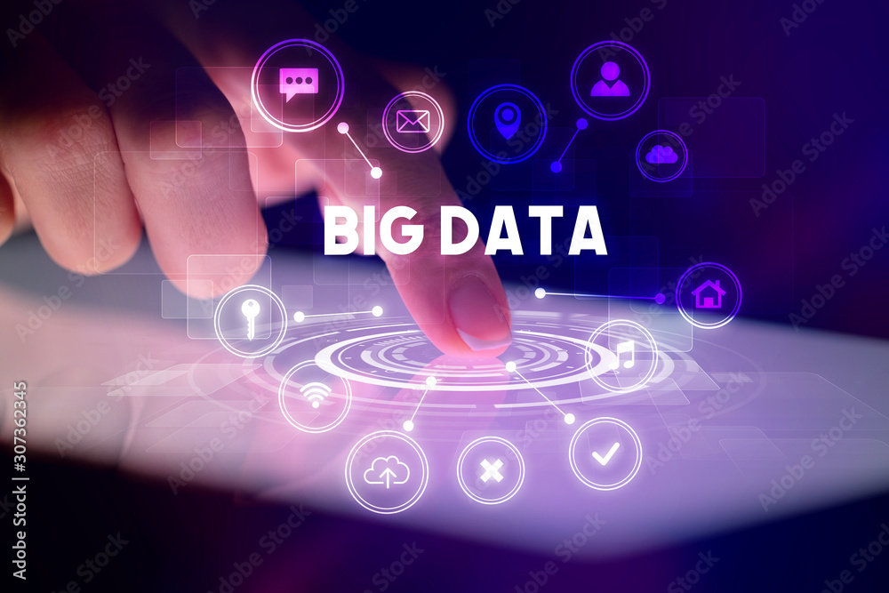 Finger touching tablet with web technology icons and BIG DATA inscription, web technology concept Finger touching tablet with web technology icons and BIG DATA inscription, web technology concept