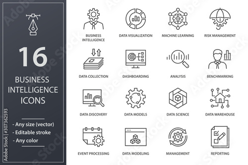 Business Intelligence line icons set. Black vector illustration. Editable stroke.