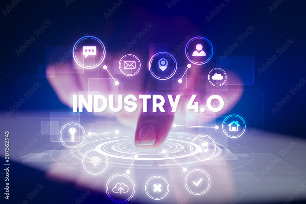 Finger touching tablet with web technology icons and INDUSTRY 4.0 inscription, web technology concept Finger touching tablet with web technology icons and INDUSTRY 4.0 inscription, web technology concept