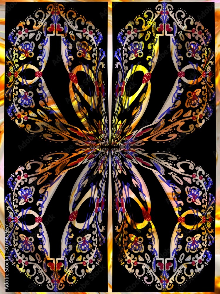 Fototapeta premium Abstract texture in black, gold, white and red-blue tones in the form of a seamless repeating pattern for printing on fabric, poster, paper, wallpaper, postcards, packaging. Seamless pattern