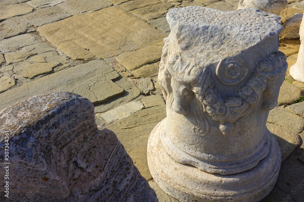 Iconic and amazing archaeological site in uninhabited island of Delos, Cyclades, Greece