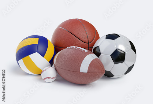 Various sports balls. Sports Equipment on White Background with clipping path. Render 3d illustration