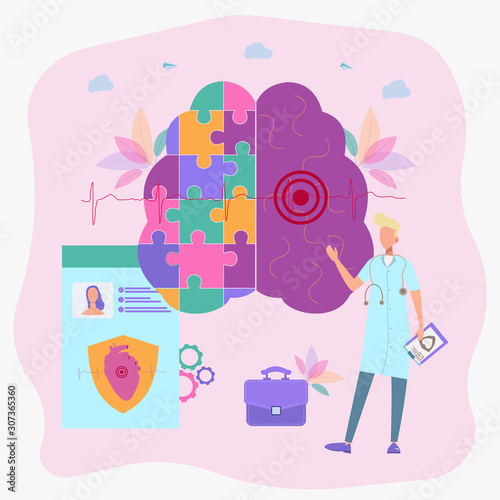 A woman puzzles a human brain. Psychology and psychotherapy session, mental healing and well-being, psychotherapist counseling mental illness and difficulties.