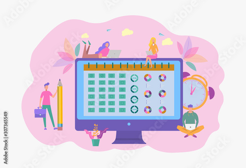 Colorful vector illustration people make online graph in tablet. Planning business task schedules for the week. Work plan. Profit growth plan. Special date. Main day