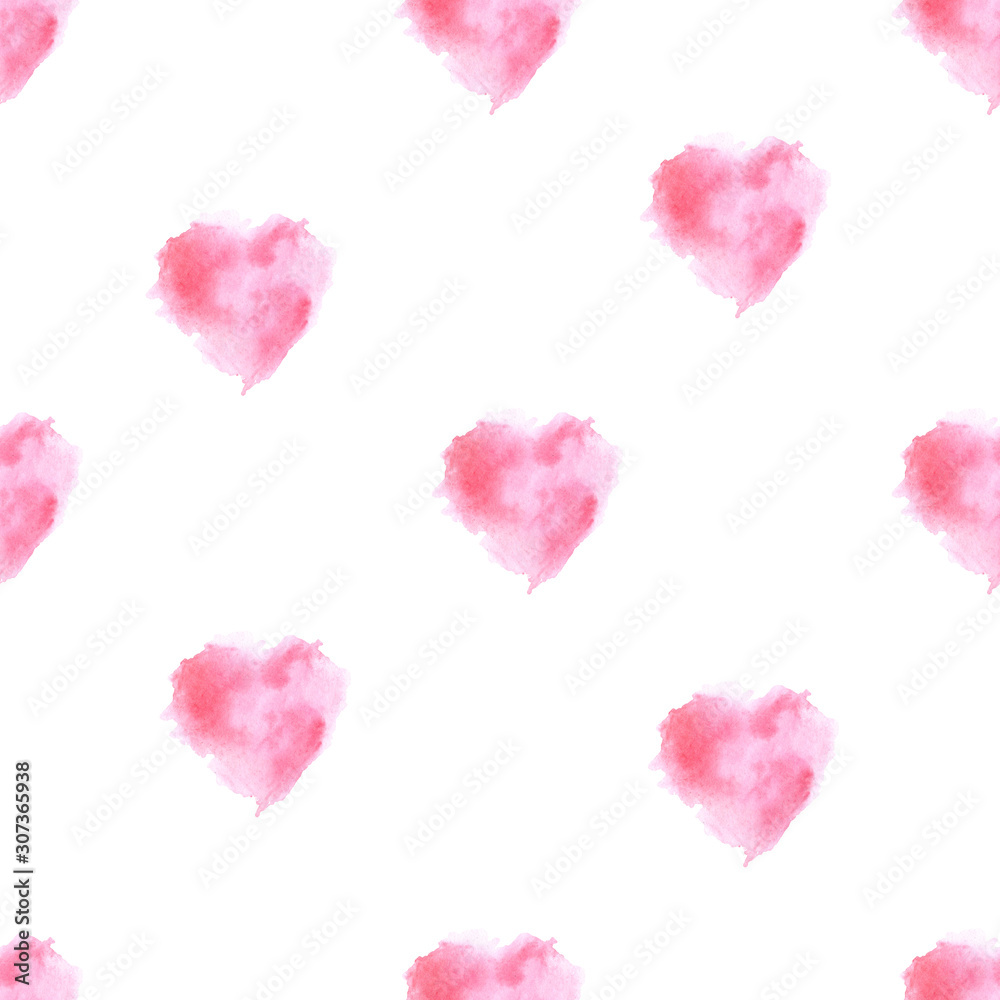 illustration watercolor seamless pattern of pink blurry hearts on a white background. for the holiday Valentine's Day. For cards, fabric, paper, design.