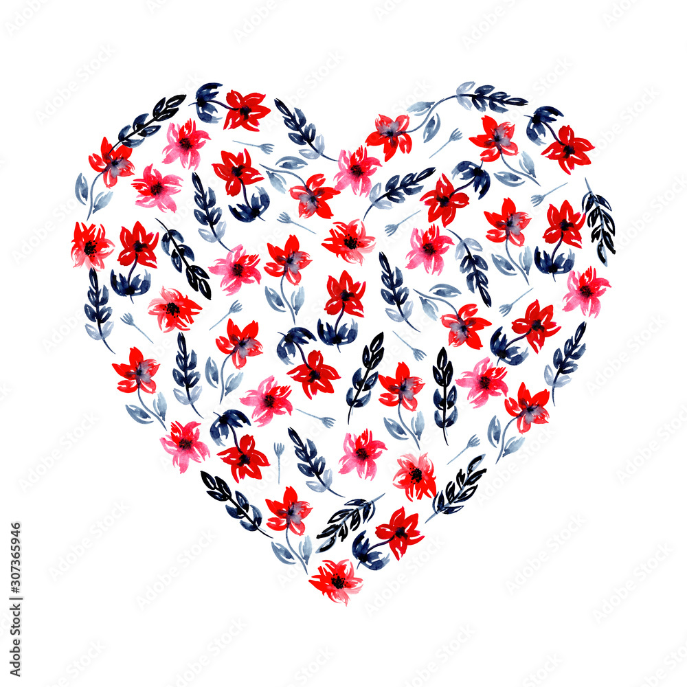 illustration watercolor heart of red tulip flowers with blue indigo leaves. for the holiday Valentine's Day, Women's Day. spring summer mood. for cards, invitations, design. illustration watercolor heart of red tulip flowers with blue indigo leaves. for the holiday Valentine's Day, Women's Day. spring summer mood. for cards, invitations, design.