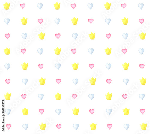 illustration watercolor seamless pattern of pink blue hearts and a gold crown on a white background. for the holiday Valentine's Day. For cards, fabric, paper, design.
