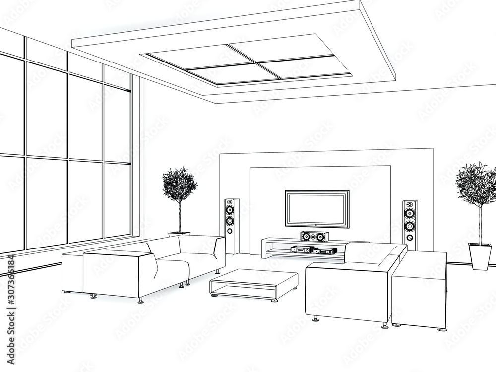Bedroom furniture interior. Room line sketch drawing. Home Indoor design,  Stock Vector, Vector And Low Budget Royalty Free Image. Pic. ESY-056950642  | agefotostock