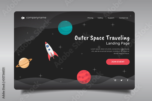 Landing page with outer space illustration, space background, rocket and planet illustration, vector.