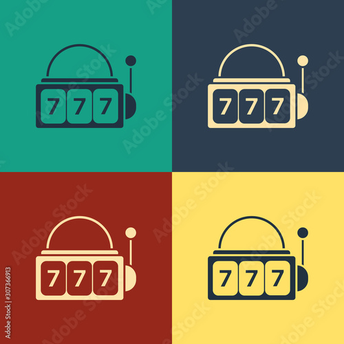 Color Slot machine with lucky sevens jackpot icon isolated on color background. Vintage style drawing. Vector Illustration