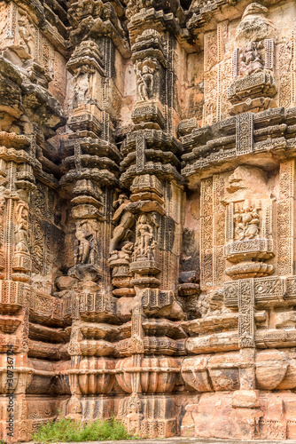 View at the Decorative stone relief of Suka Temple in Bhubaneswar - Odisha, India