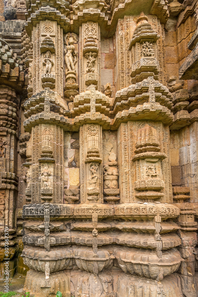 View at the Decorative stone relief of Chitrakarini Temple in Bhubaneswar  - Odisha, India