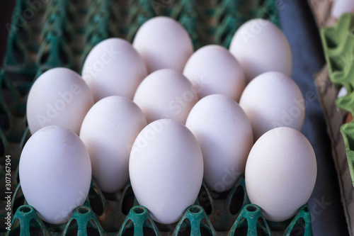 Nahaufnahme von Gänseeiern auf dem Markt photo