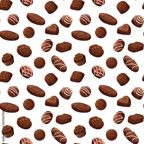Chocolate candies cartoon pattern, isolated dark chocolate candy illustrations.