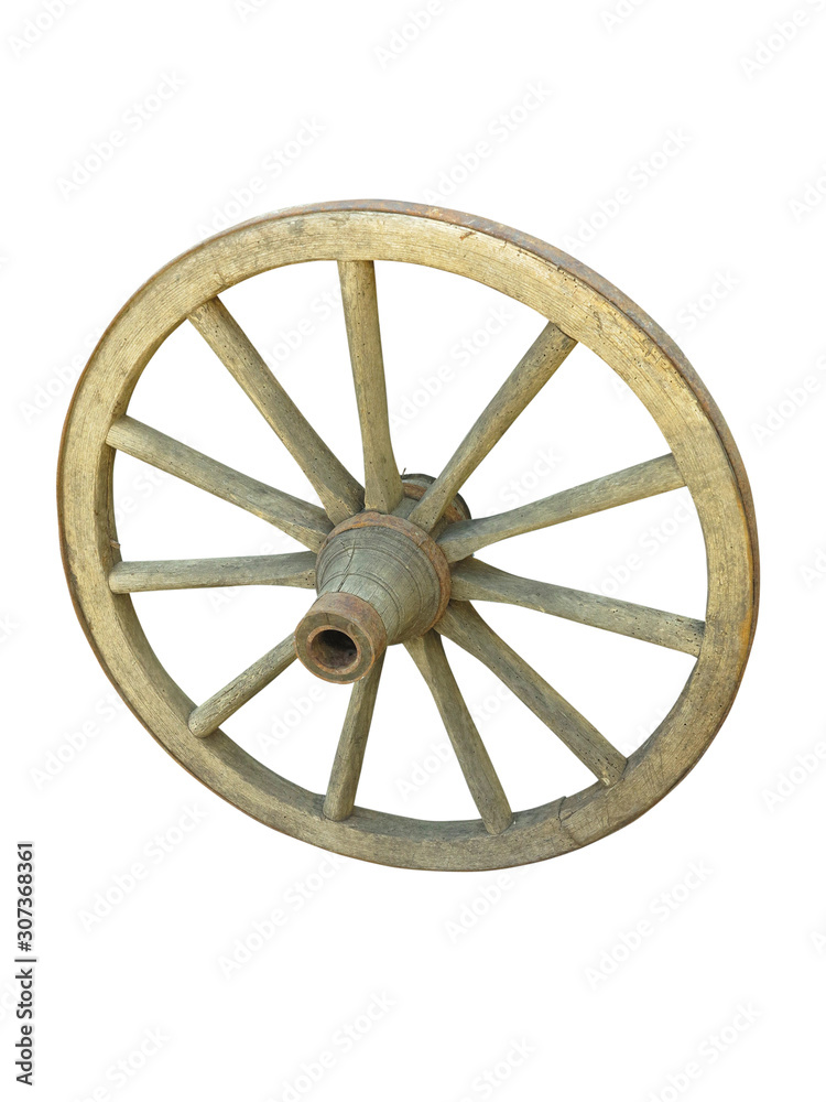 Old brown wooden wagon wheel from a cart isolated over white